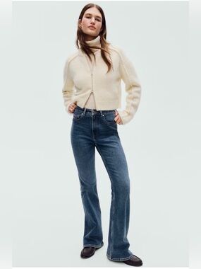 H&M High Waist Flare Jeans US 4 Blue Full Length Stretch Denim